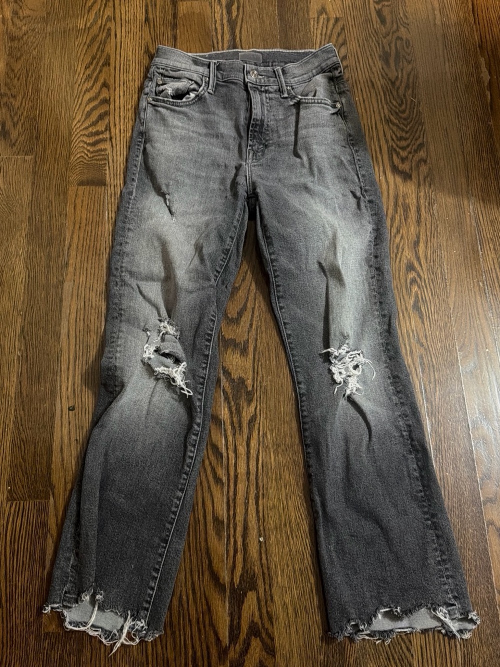 MOTHER Black Washed Distressed Straight-Leg Jeans